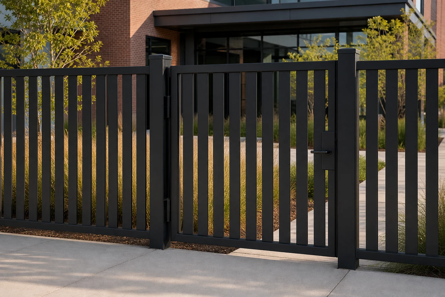 Uniform wide solid flat bar fence and matching gate installed at a landscaped civic building