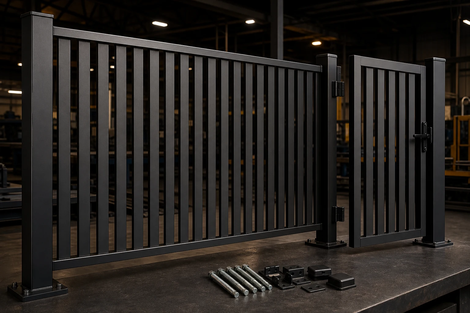 Complete black flat bar fence panel, matching pedestrian gate, posts, base plates and fixings in our factory