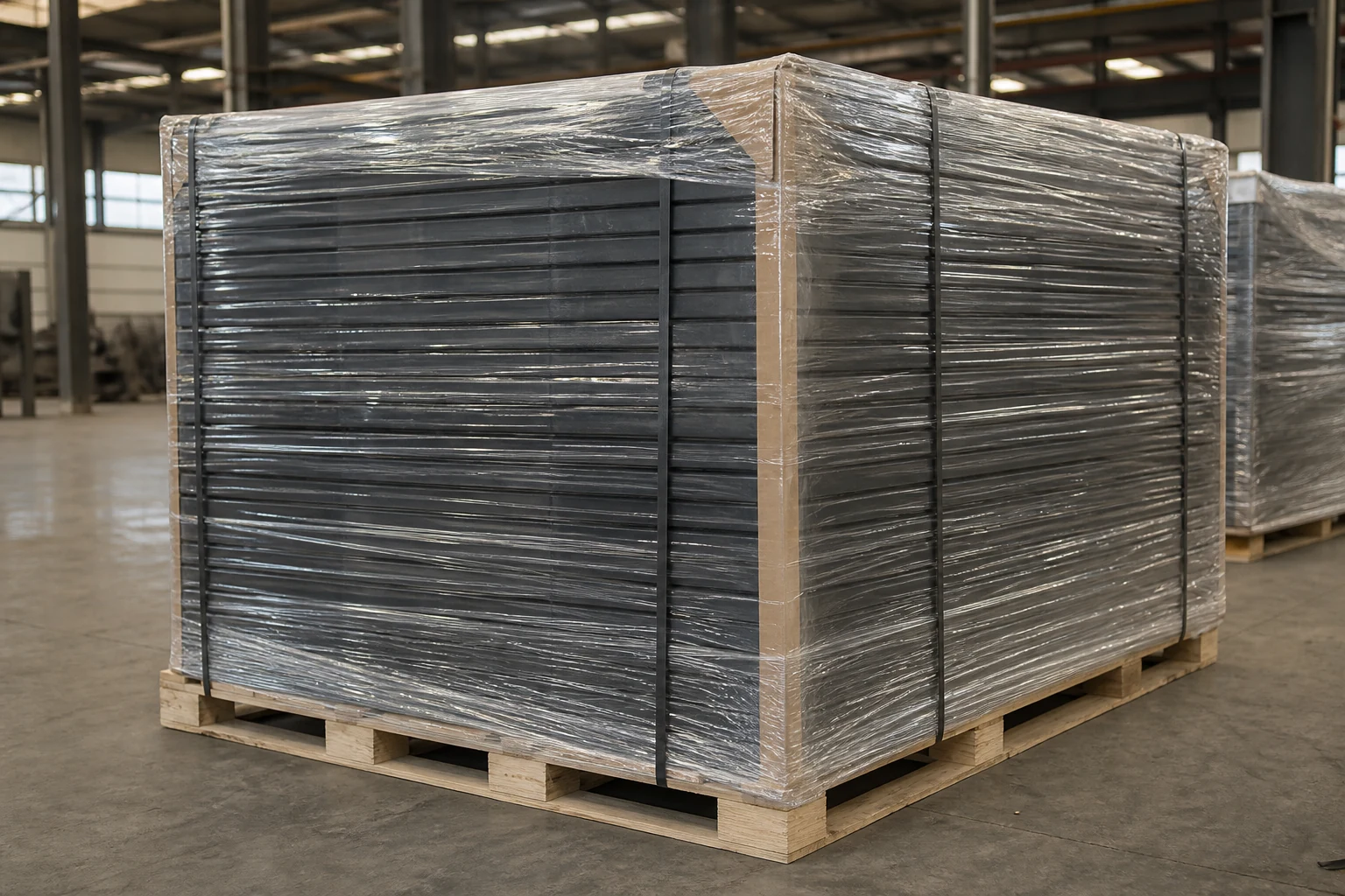 Finished flat bar fence panels stretch-wrapped on reinforced wooden pallets for export