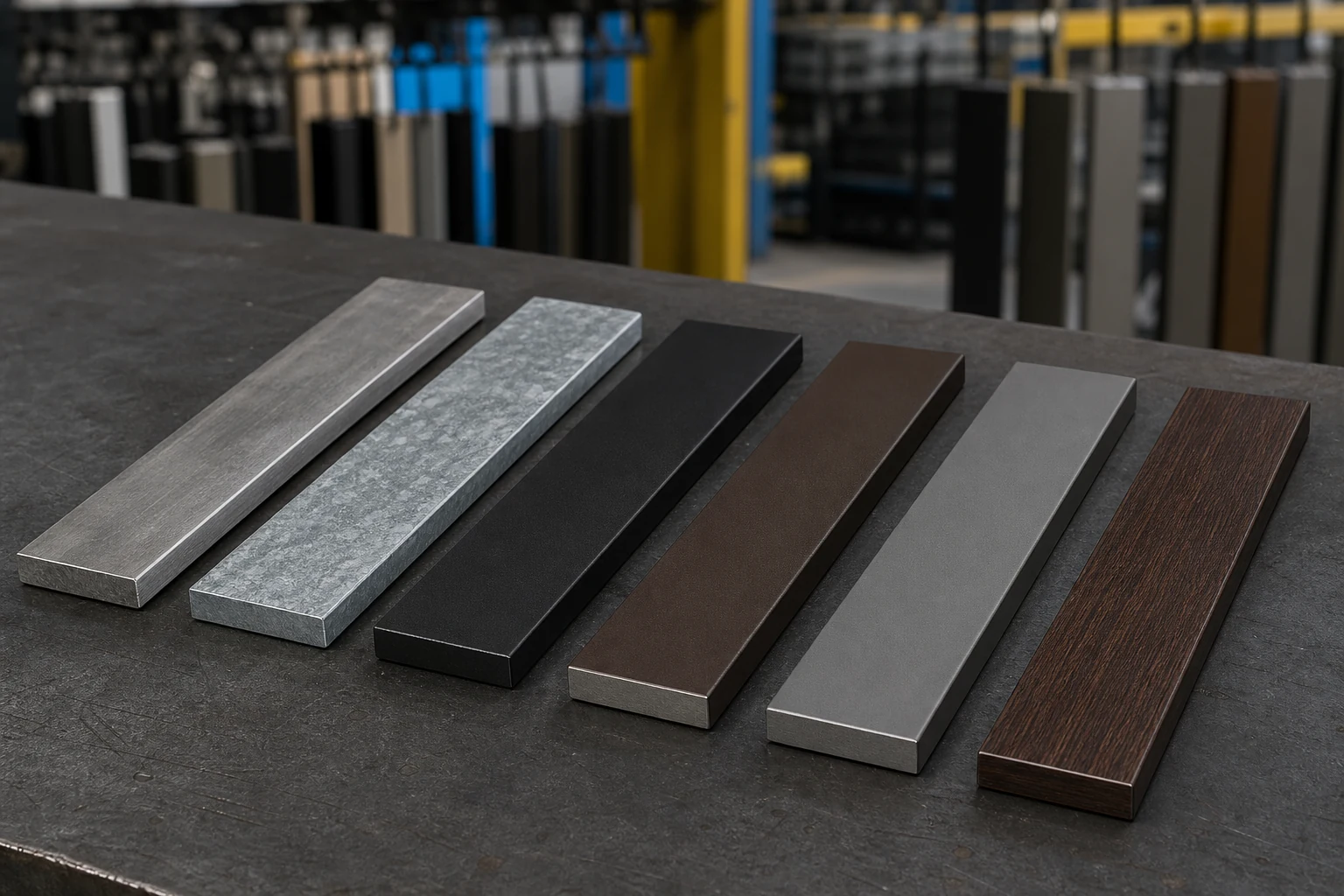Solid rectangular flat bar samples in raw steel, galvanized, black, bronze, gray and wood-grain finishes