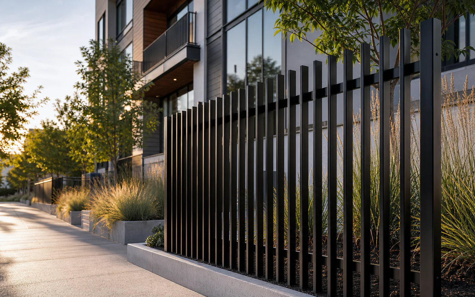 Black vertical blade fencing installed along a landscaped residential development boundary