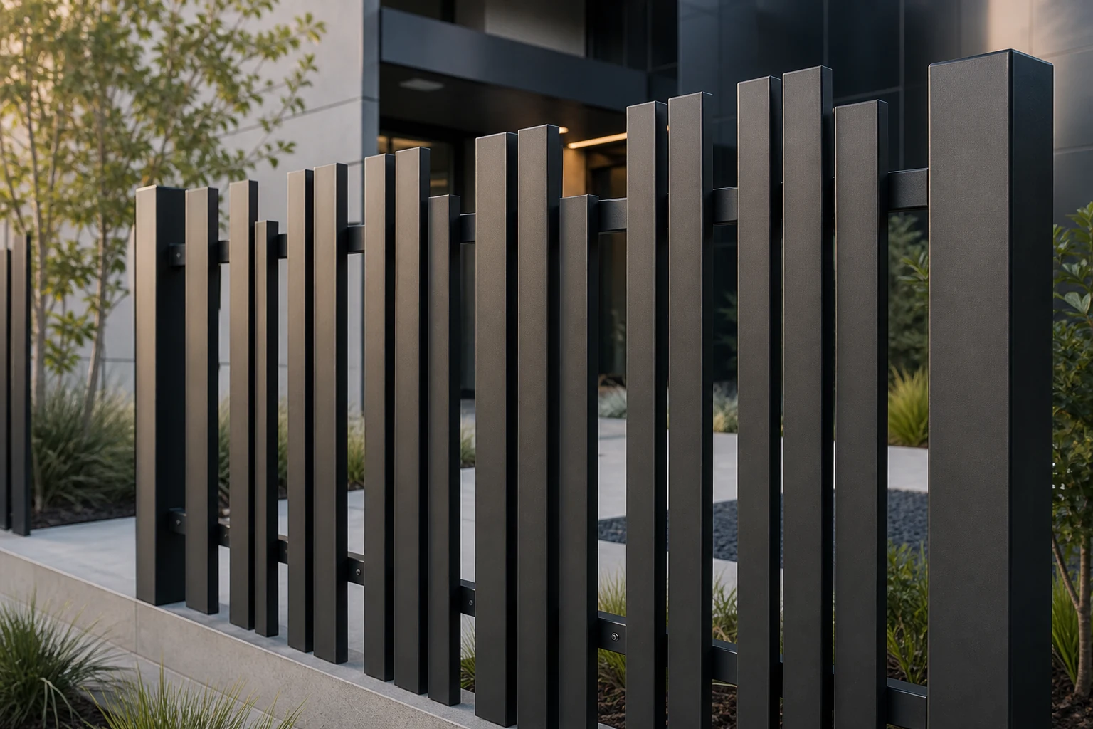 Custom solid flat bar fence with grouped spacing and stepped top heights