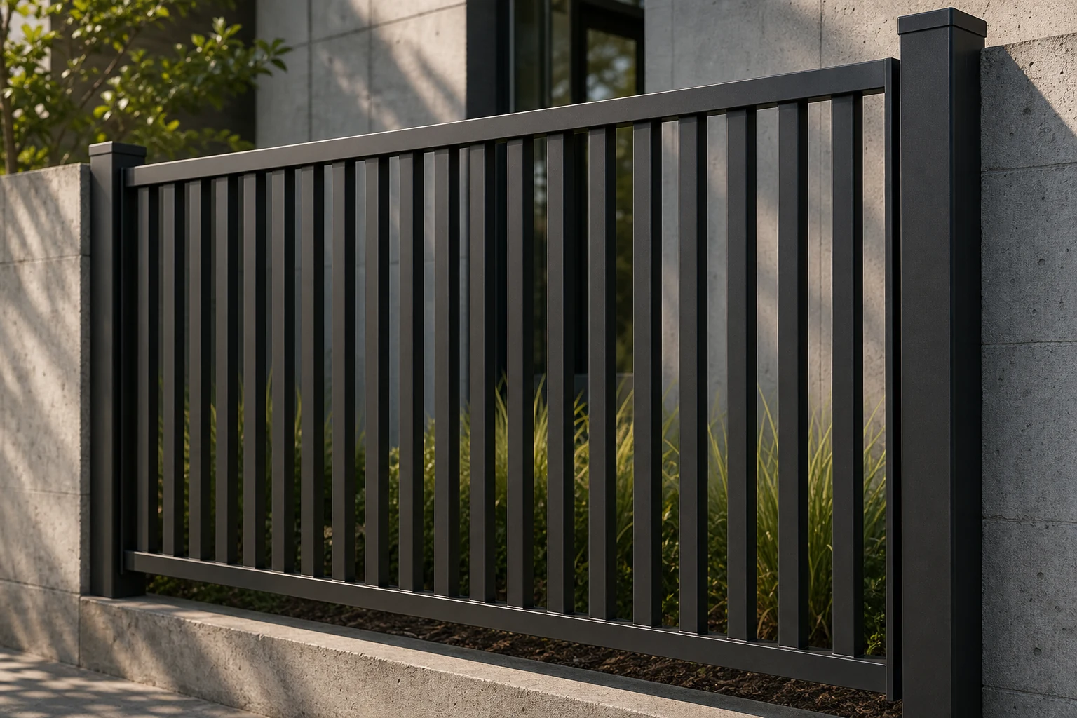 Parallel solid rectangular steel flat bars with regular spacing in an installed fence panel