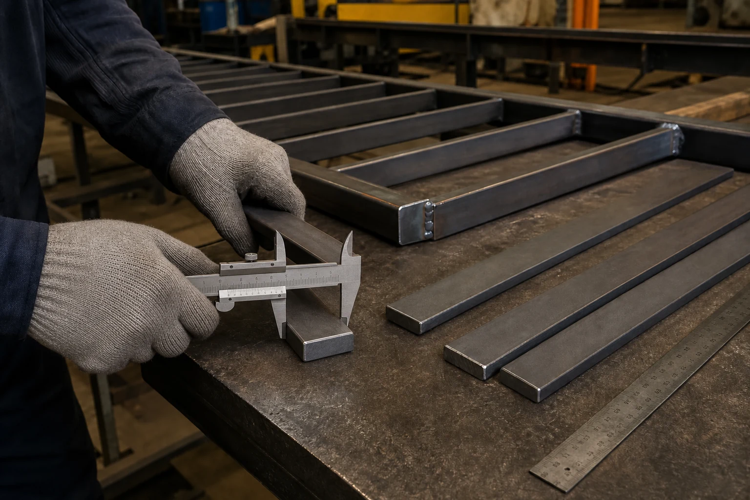 Manual vernier caliper checking the width of a solid rectangular steel flat bar in our factory