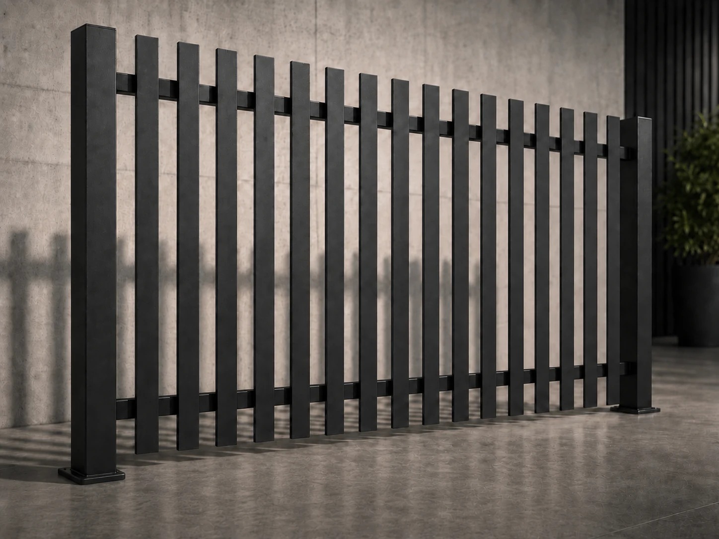 Black solid steel flat bar fence showing its slim front edge and broader side profile
