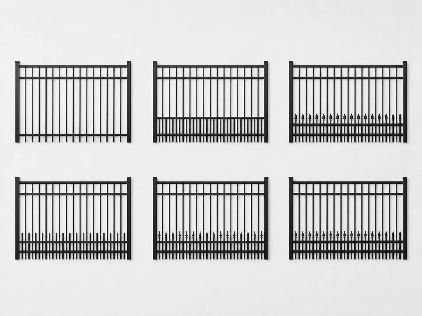 Custom flat top steel fence design options with varied picket spacing, lower rails and spear details