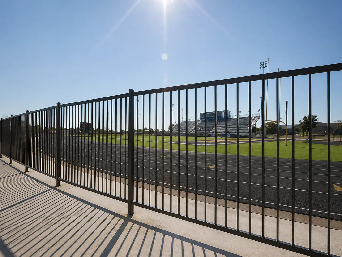 Black flat top steel fence installed around an athletic field and running track