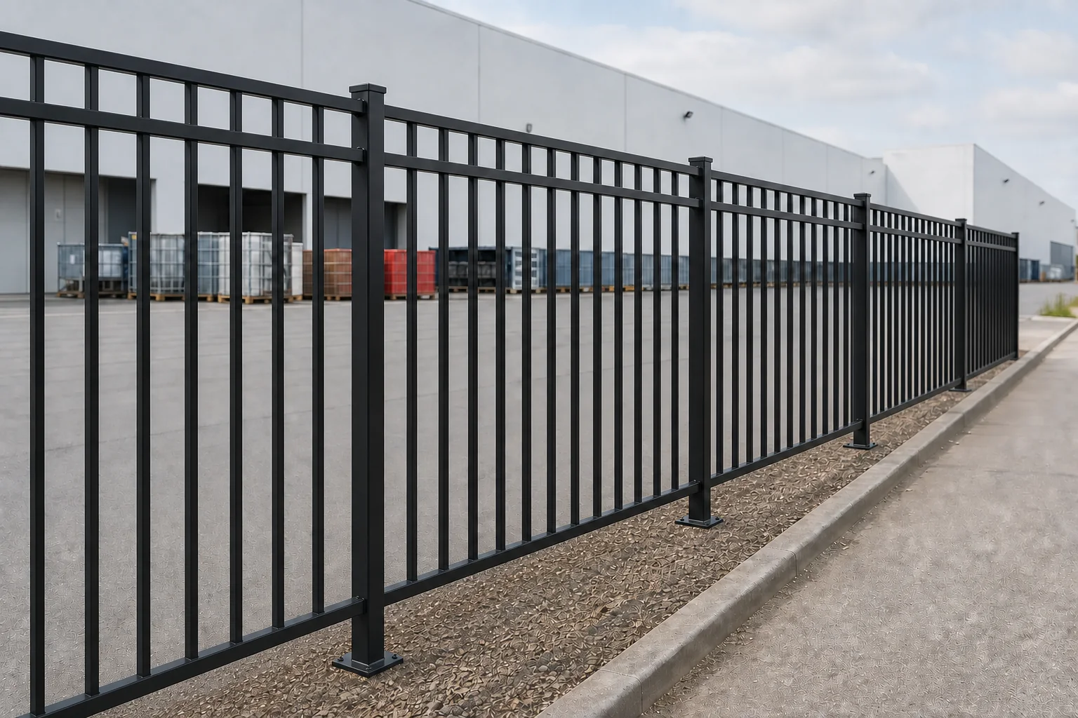 Black flat top steel fence with rectangular top rail detail installed along a commercial warehouse frontage