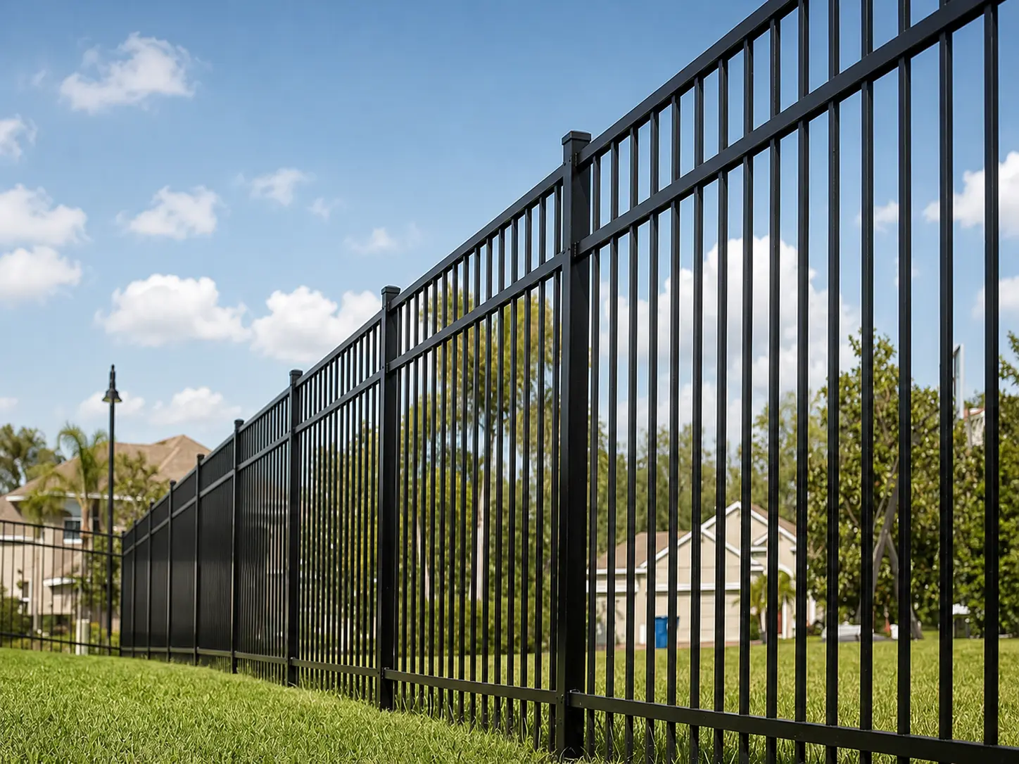 Powder coated flat top steel fencing installed around a housing development lawn