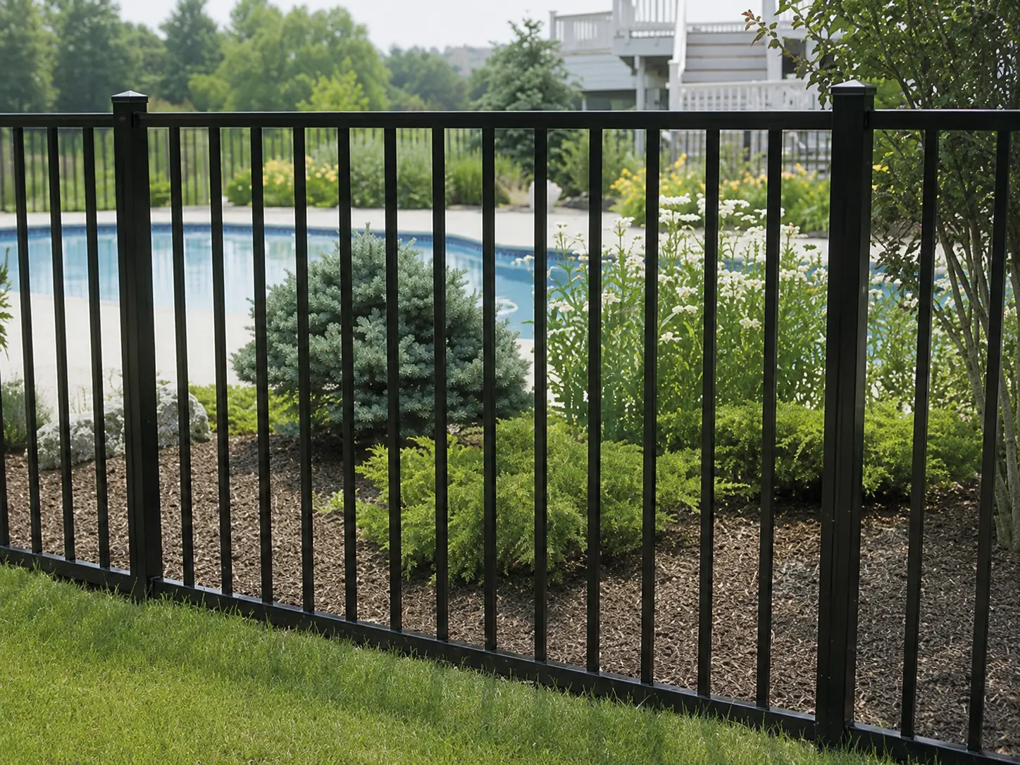 Black flat top steel fence installed around a landscaped residential pool and garden