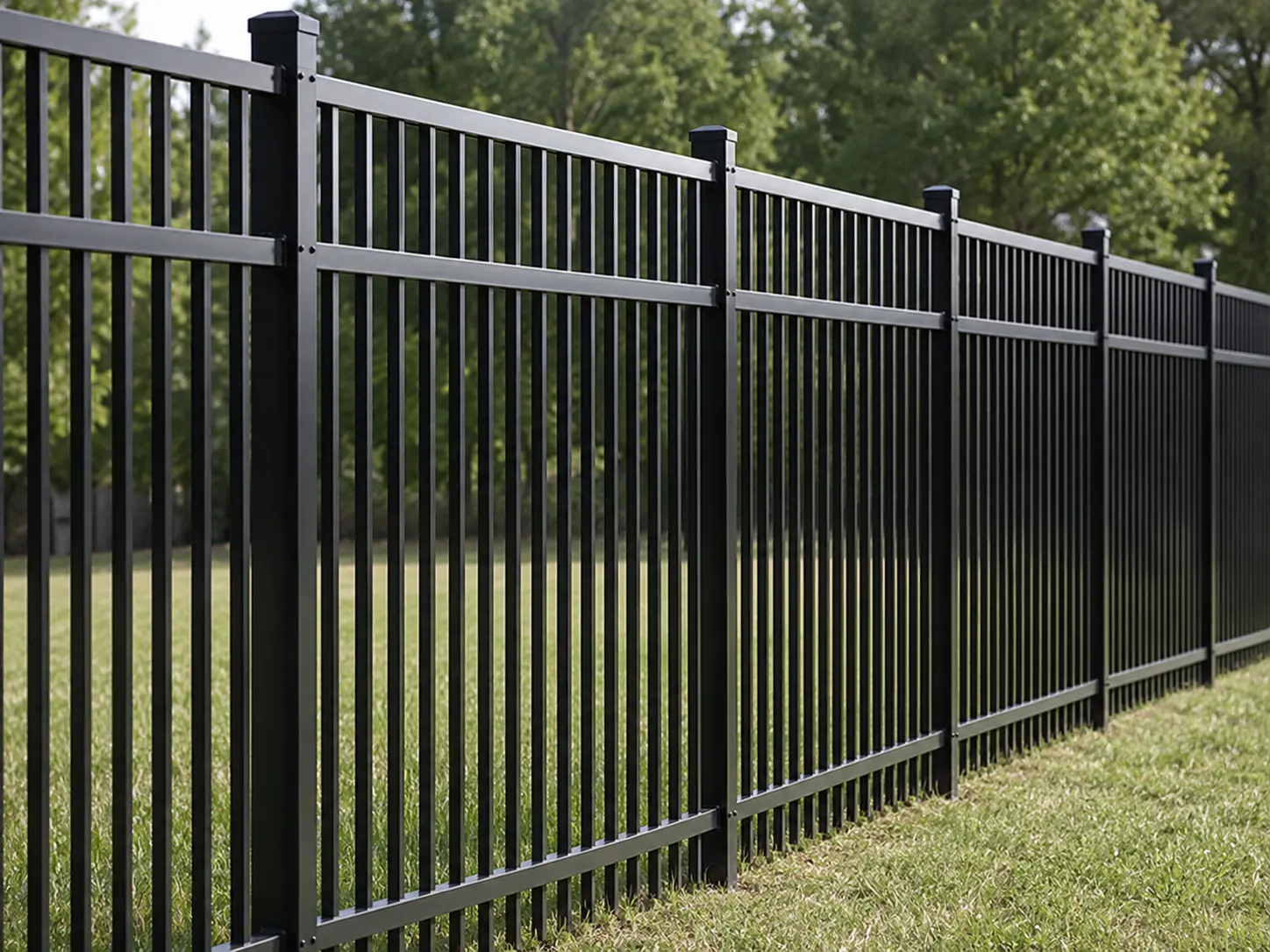 Black flat top steel fence panels installed along a landscaped residential boundary