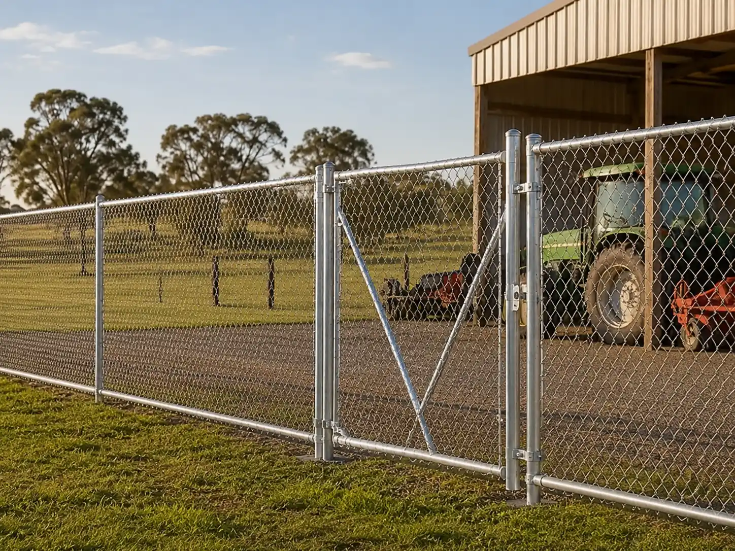 Galvanized chain link fence around open land and utility area boundary