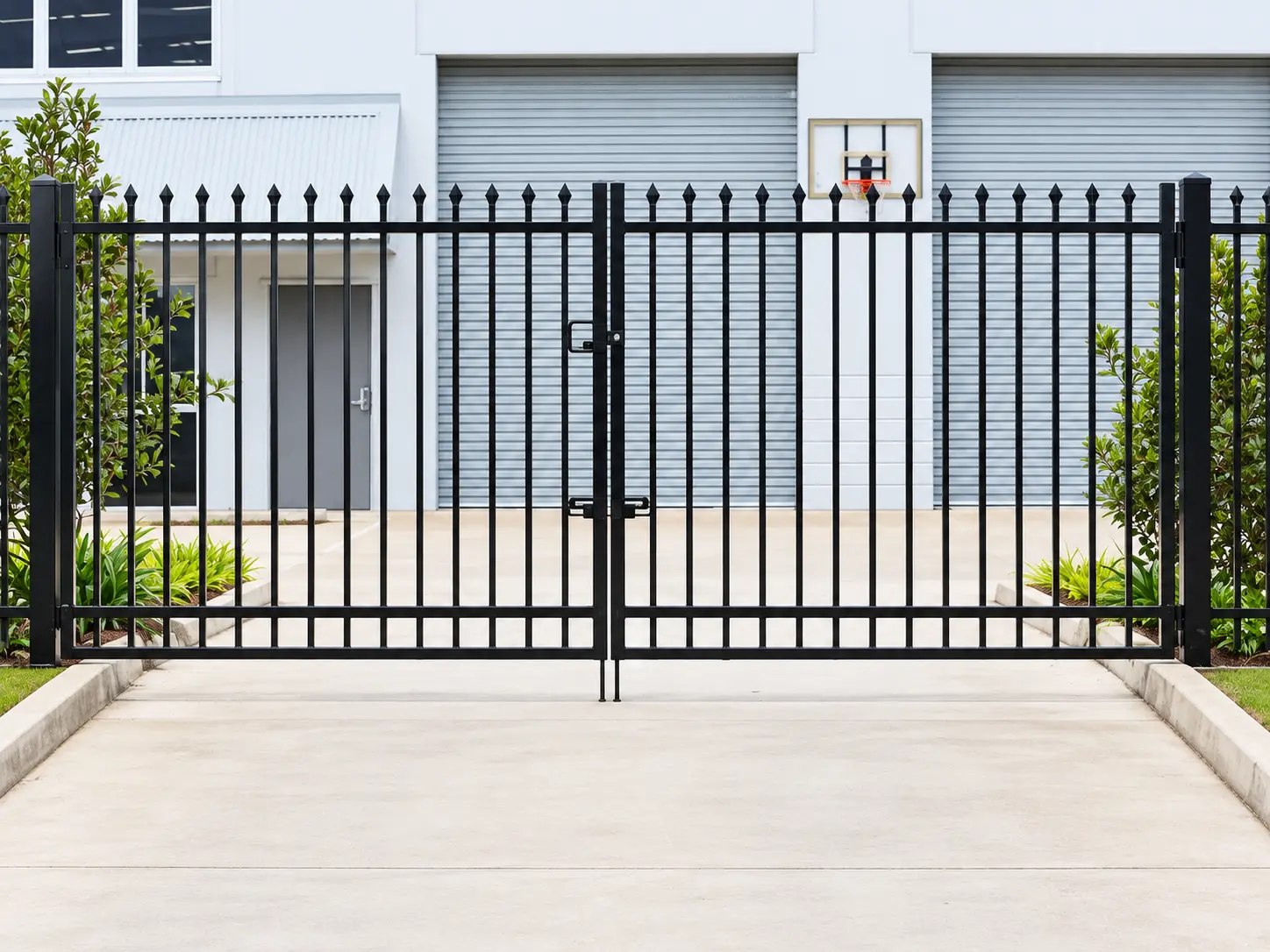 Black spear top double swing steel gate