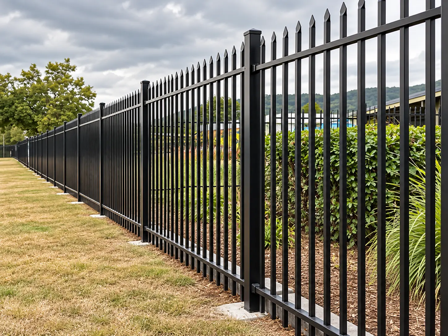 Black spear top steel fence panels beside landscaping