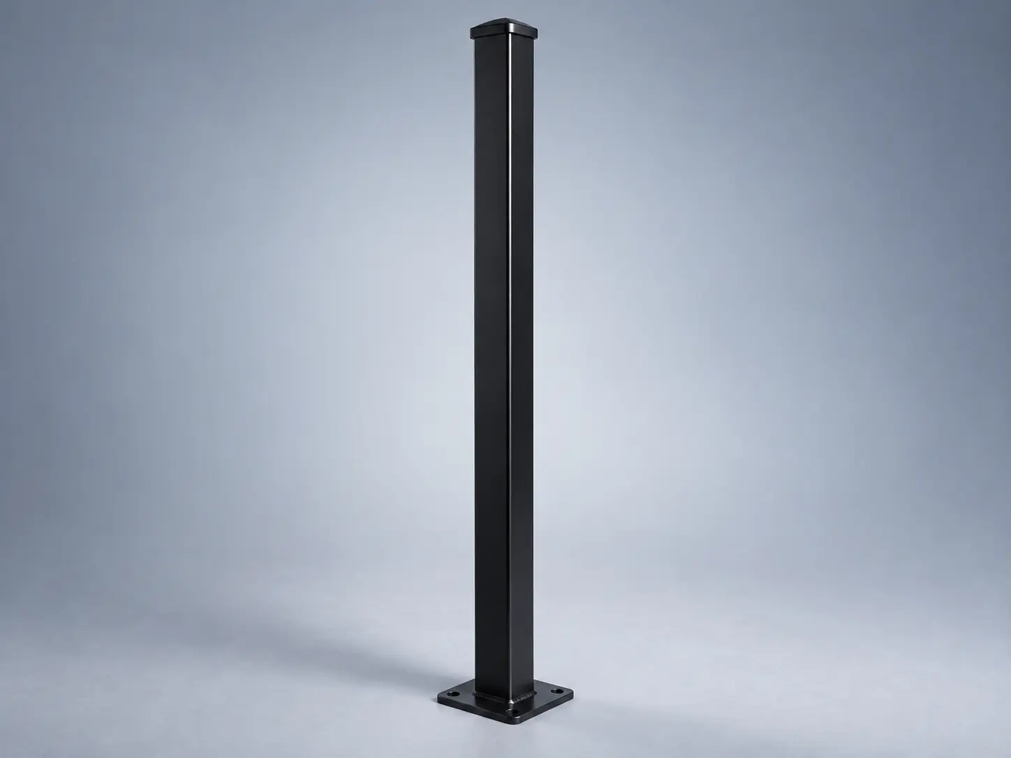 Black square steel fence post with cap and base plate