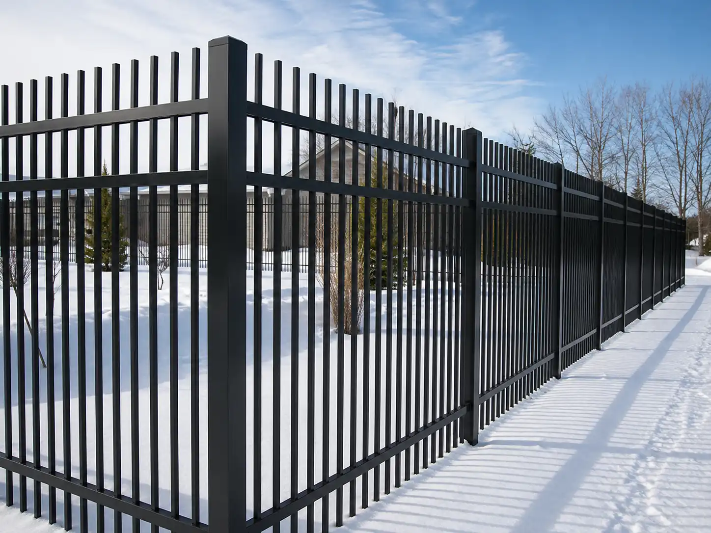 Black flat top steel rod fence panels installed around a property in winter