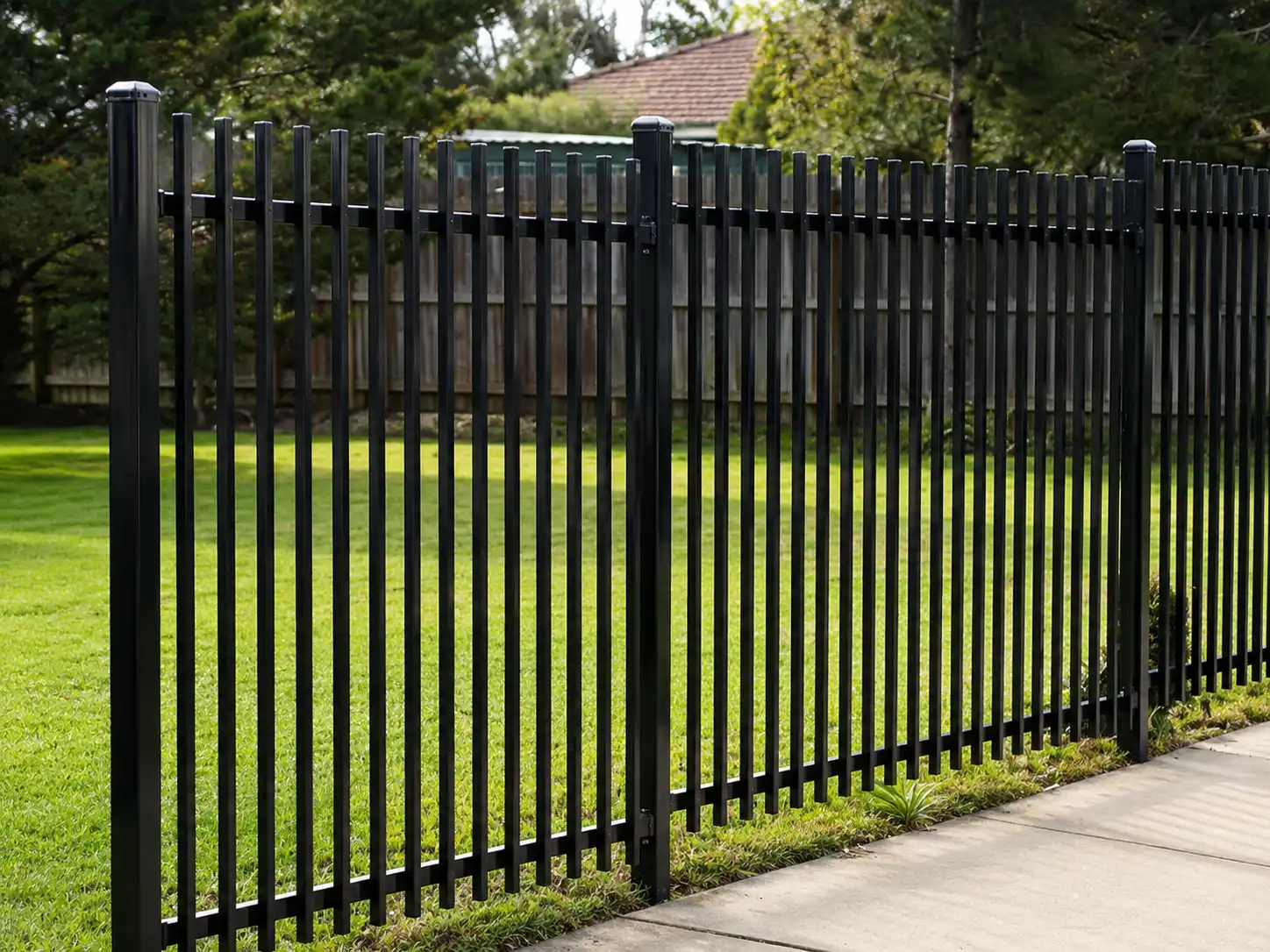 Black flat top steel rod garden fence showing evenly spaced rods and square posts