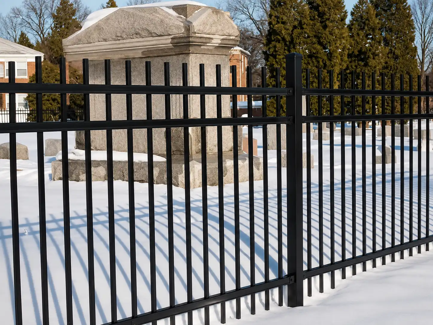 Black steel rod fence panels installed around a snow-covered perimeter