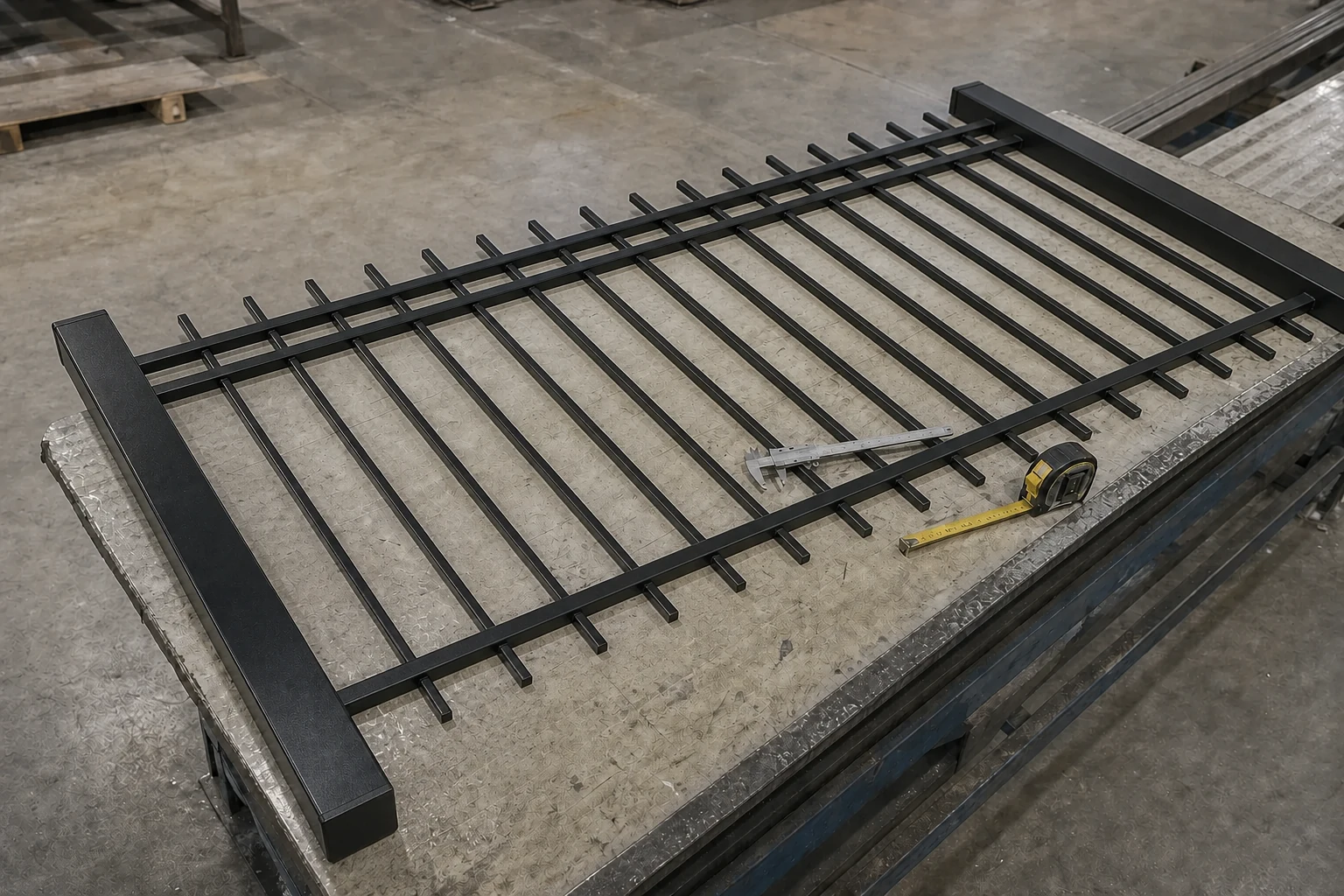 Flat top double-rail steel rod fence panel measured with a caliper and tape measure
