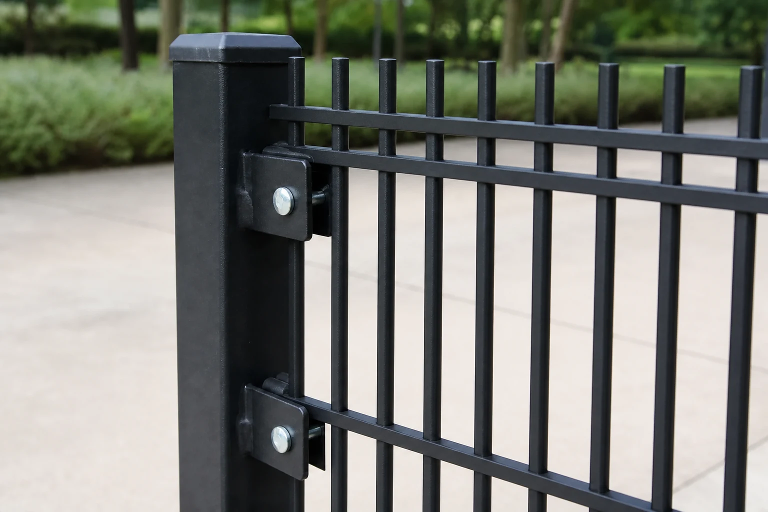 Double-rail steel rod fence post connection with brackets and bolts