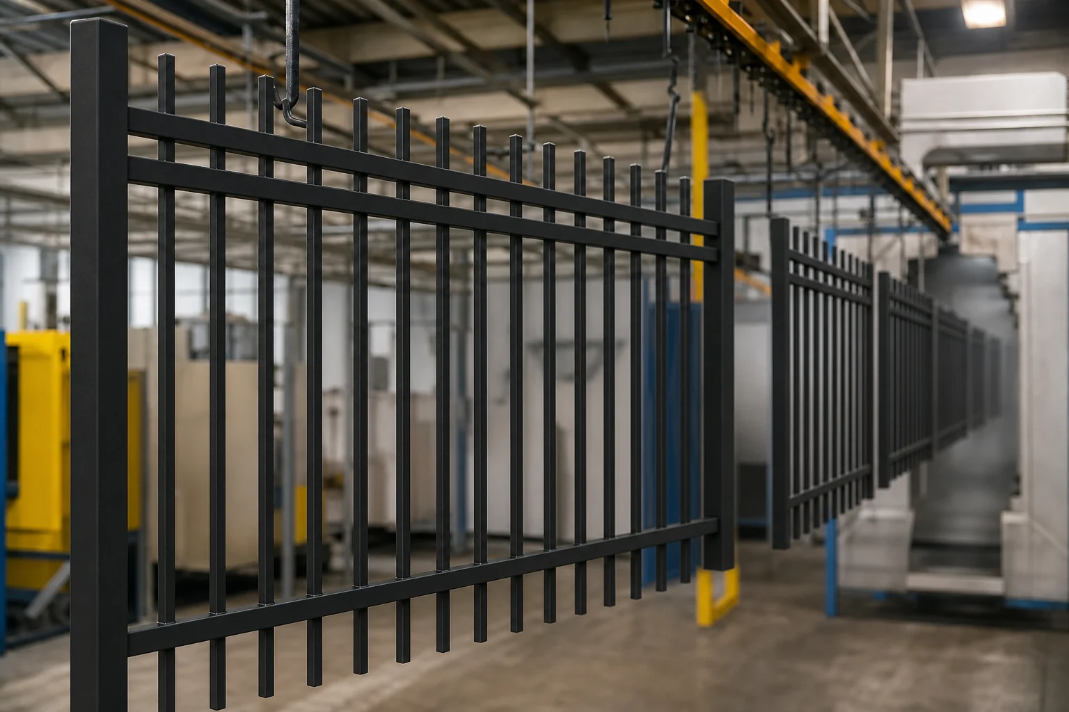 Double-rail steel rod fence panels suspended on a powder coating line