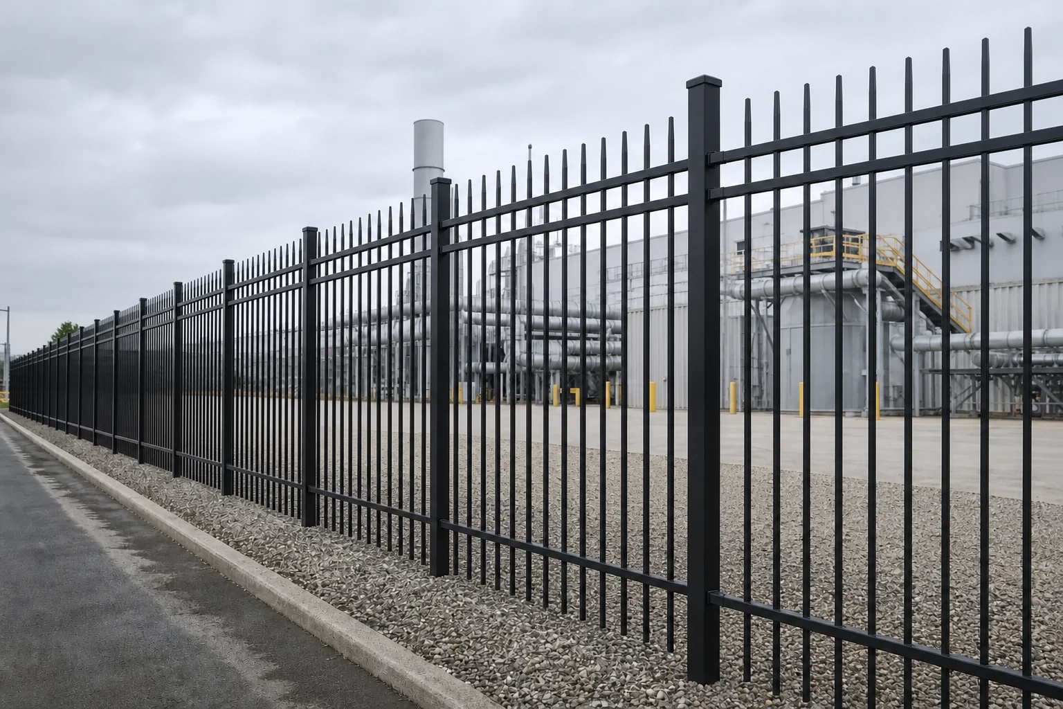 Black flat top steel rod fence with double upper rails around an industrial factory