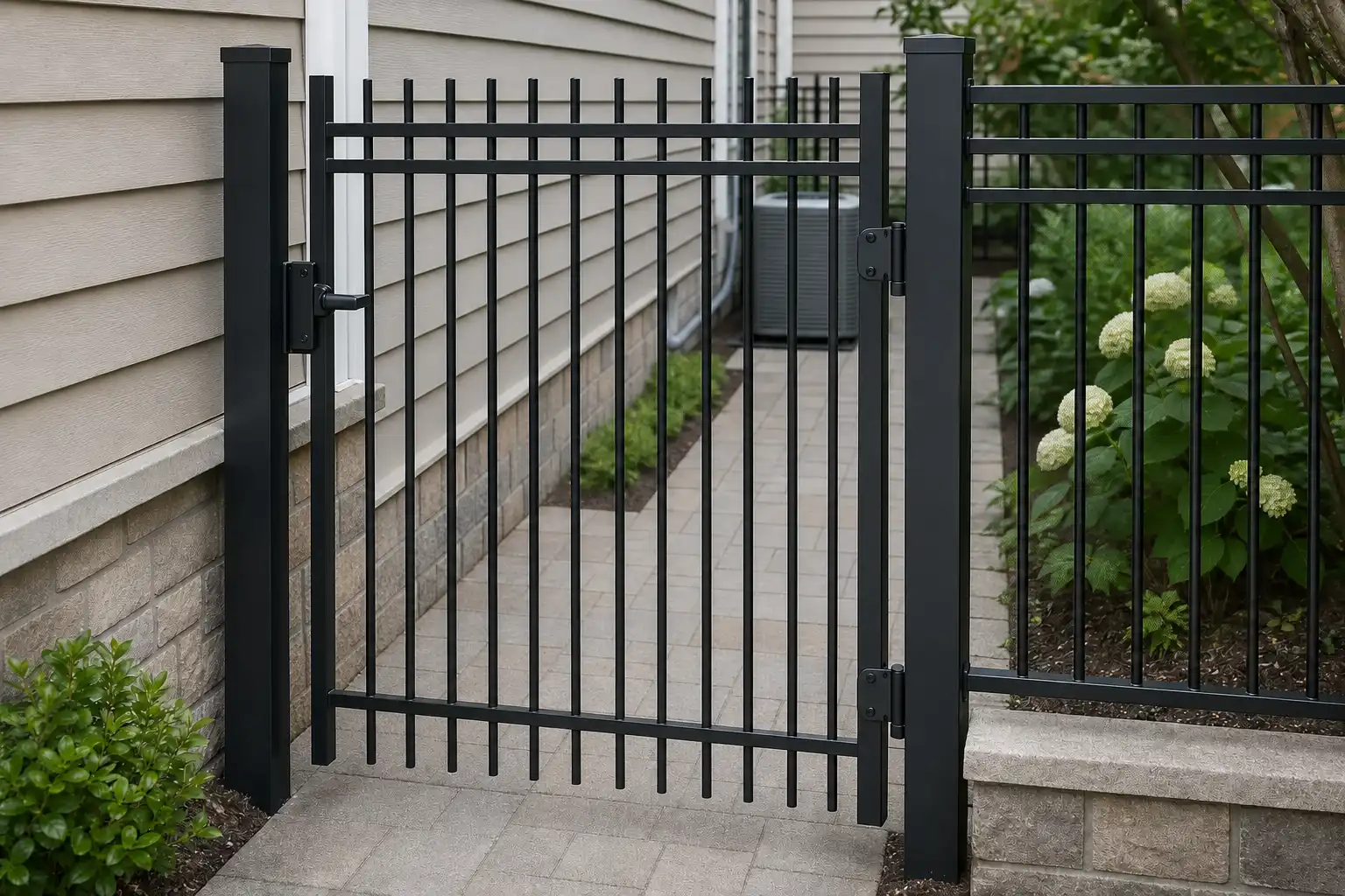 Black flat top double-rail steel rod garden gate with matching fence panels and posts