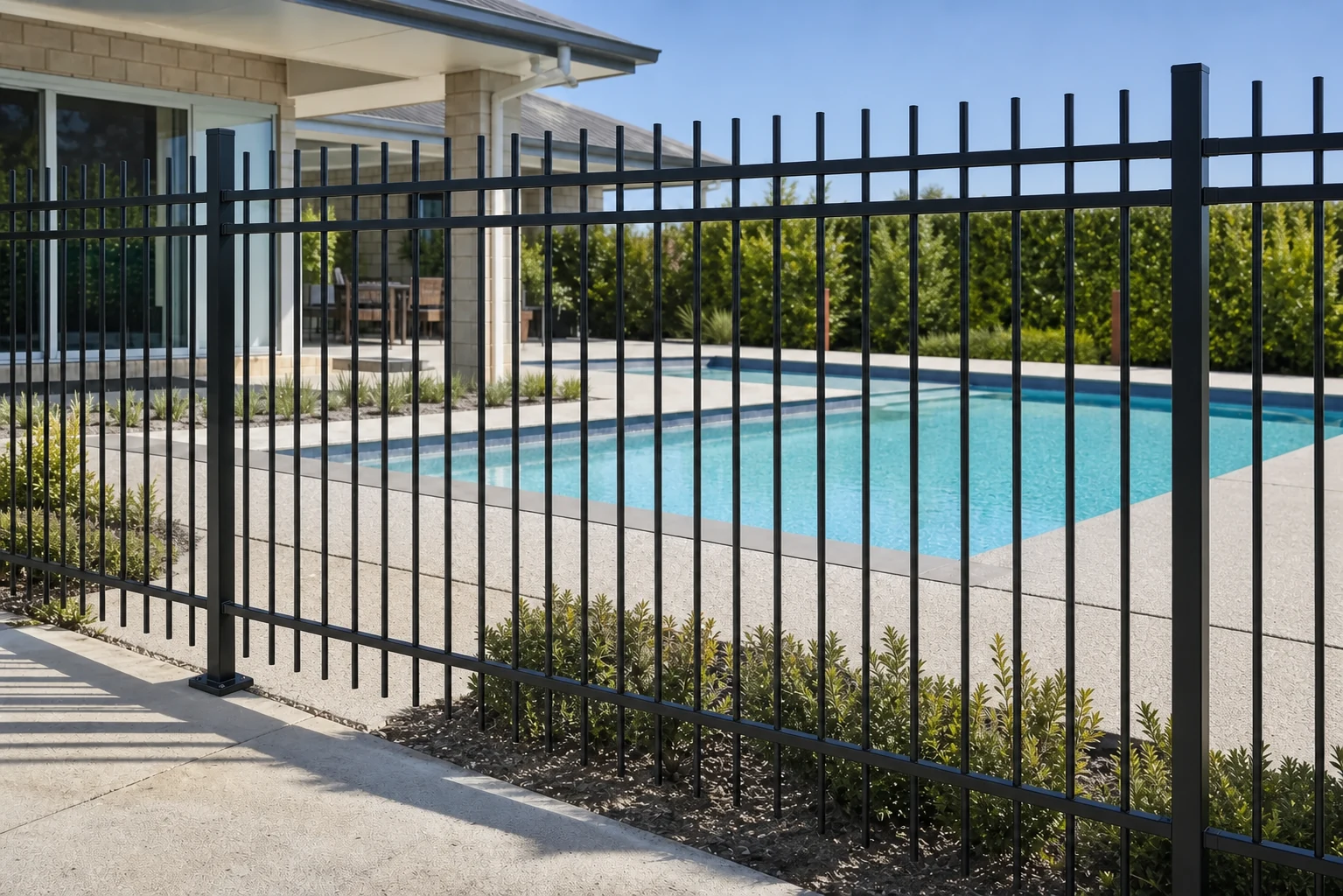 Black flat top steel rod pool fence with two upper rails and one lower rail