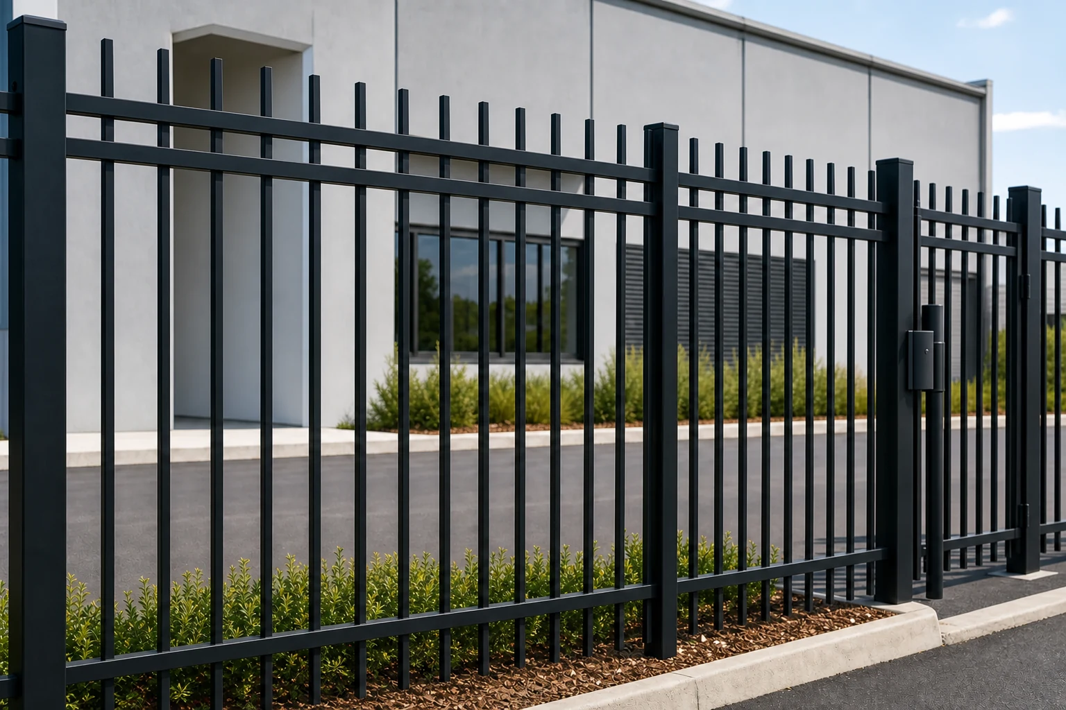 Black flat top steel rod security fence with double upper rails and extended rods