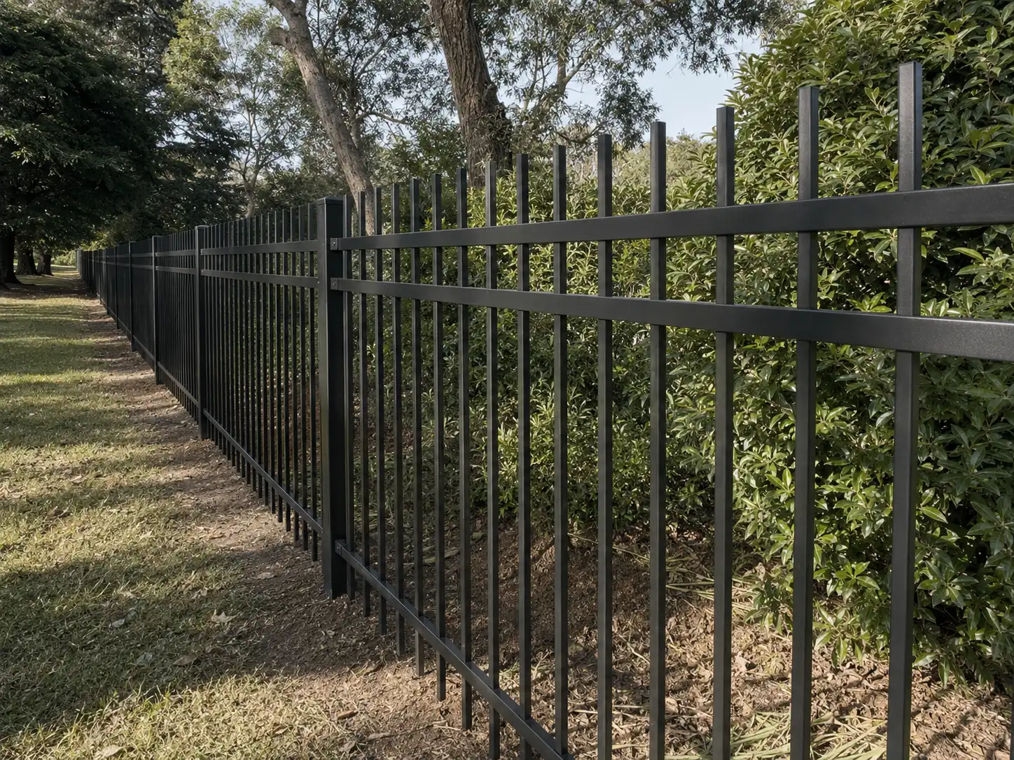 Black flat top steel rod fence panels installed along a hedge and garden boundary
