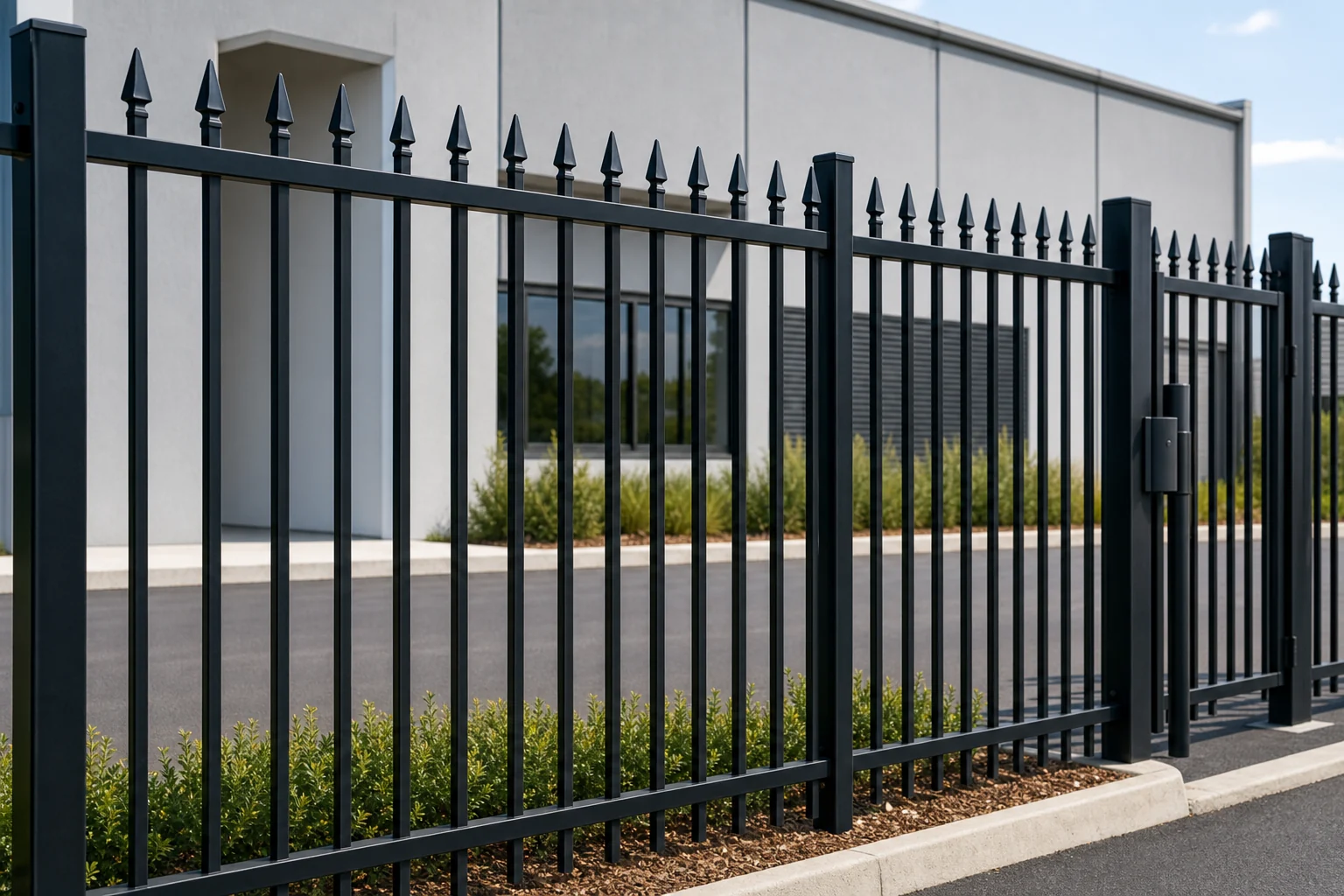 Spear top steel rod iron fence panel installed at a commercial frontage