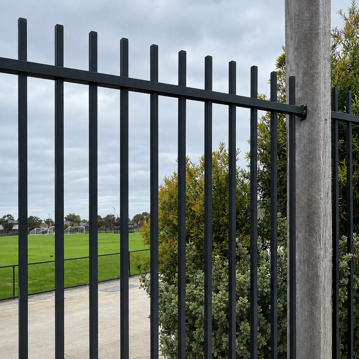 Black steel rod fence panel attached to a concrete post beside a sports field