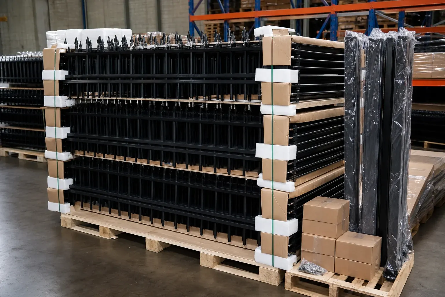 Flat top steel fence panels packed for export shipment