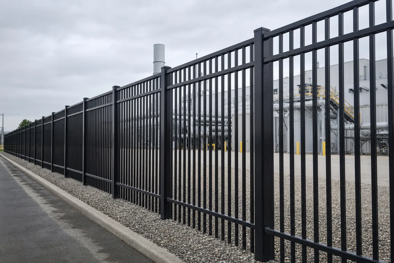 Flat top steel fencing installed for factory perimeter control