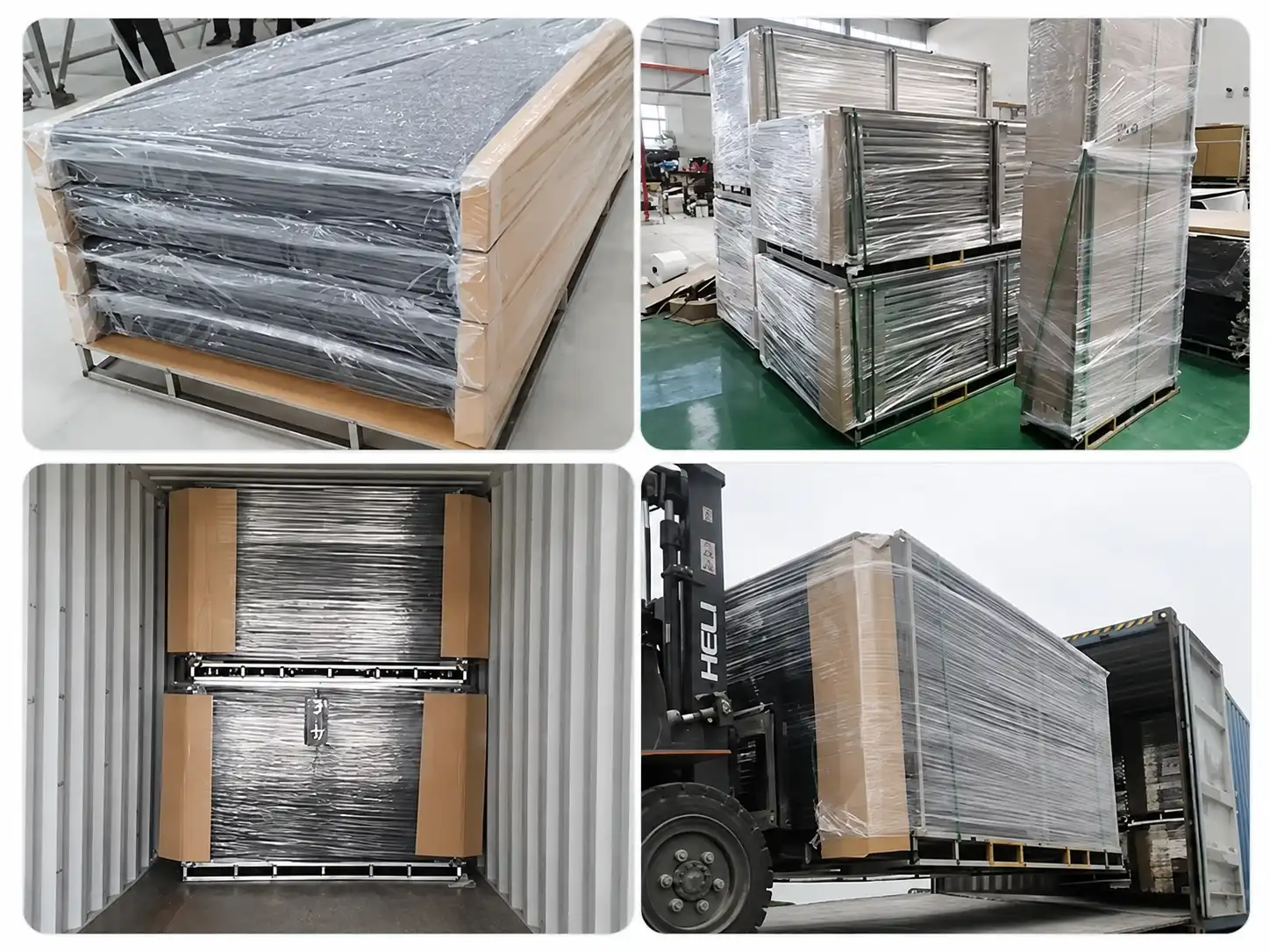 Steel rod fence panel bundles wrapped, protected, container loaded and forklift handled