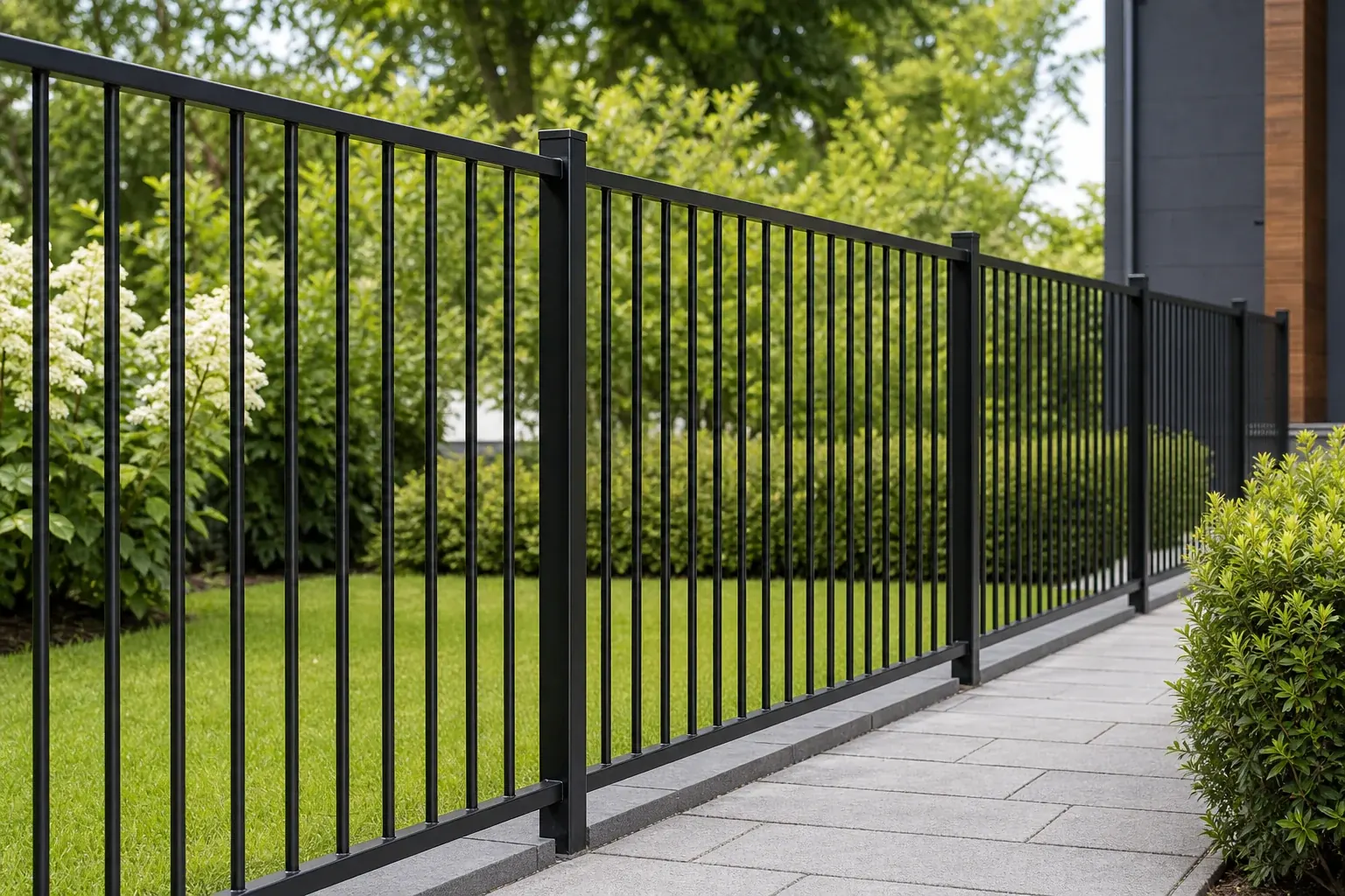 Steel rod fence panels with vertical pickets and matching posts