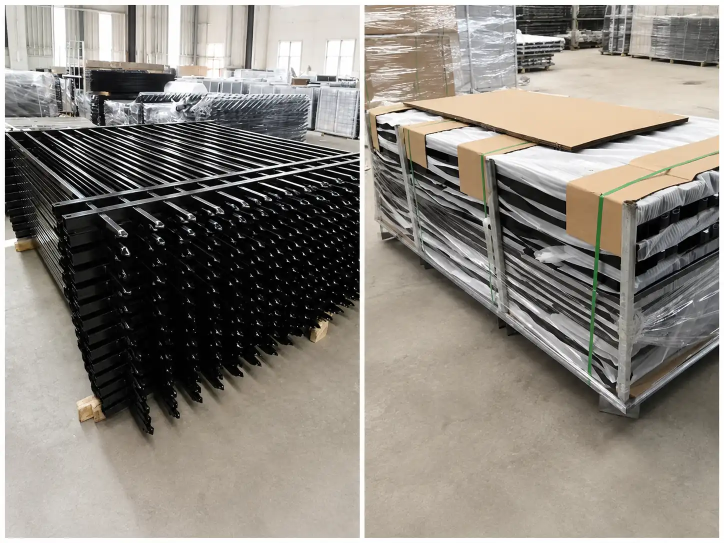 Steel rod fence panels stacked with protective wrapping, corner boards and packing straps