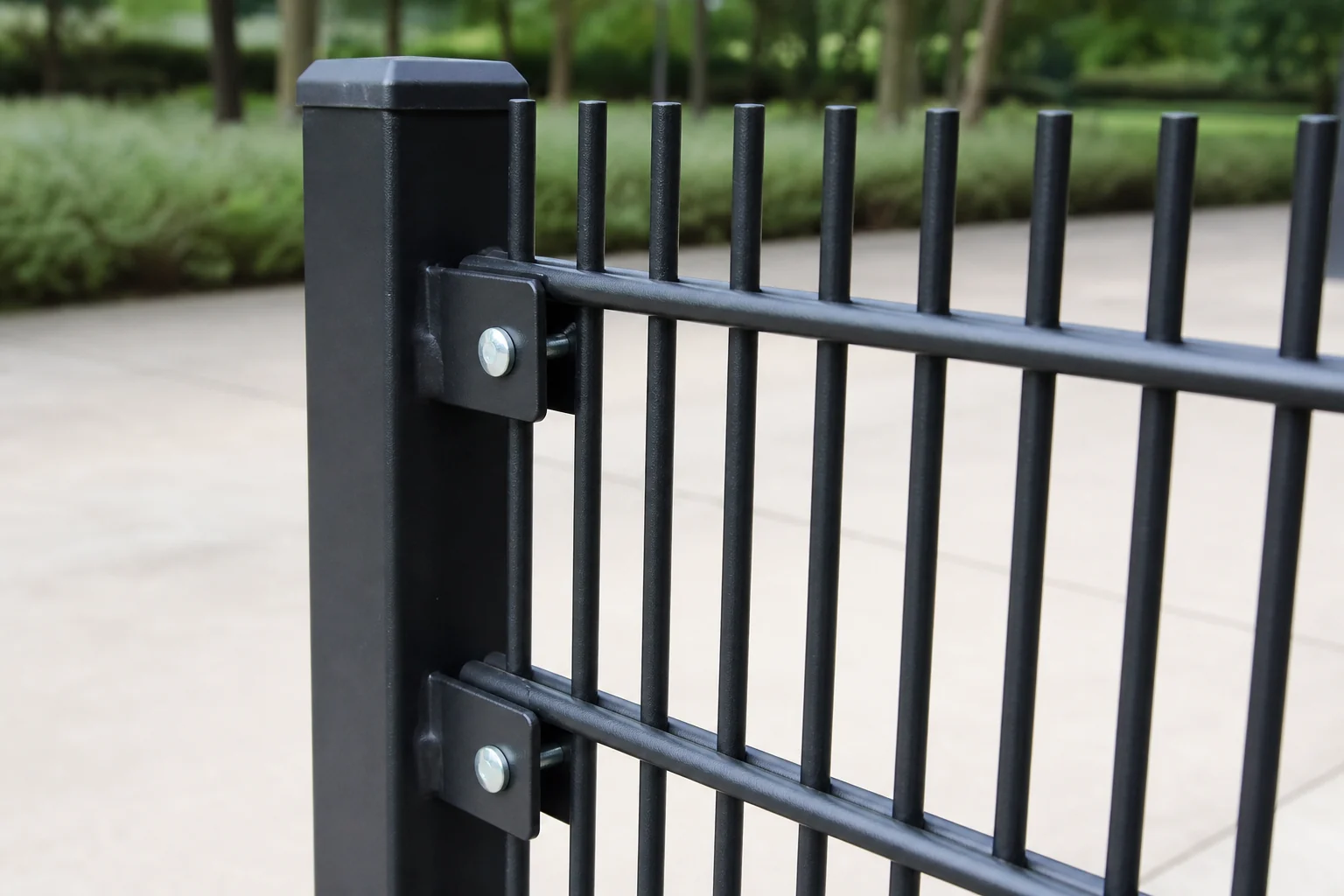 Steel rod fence panel close-up showing rod spacing, rail connection and bracket