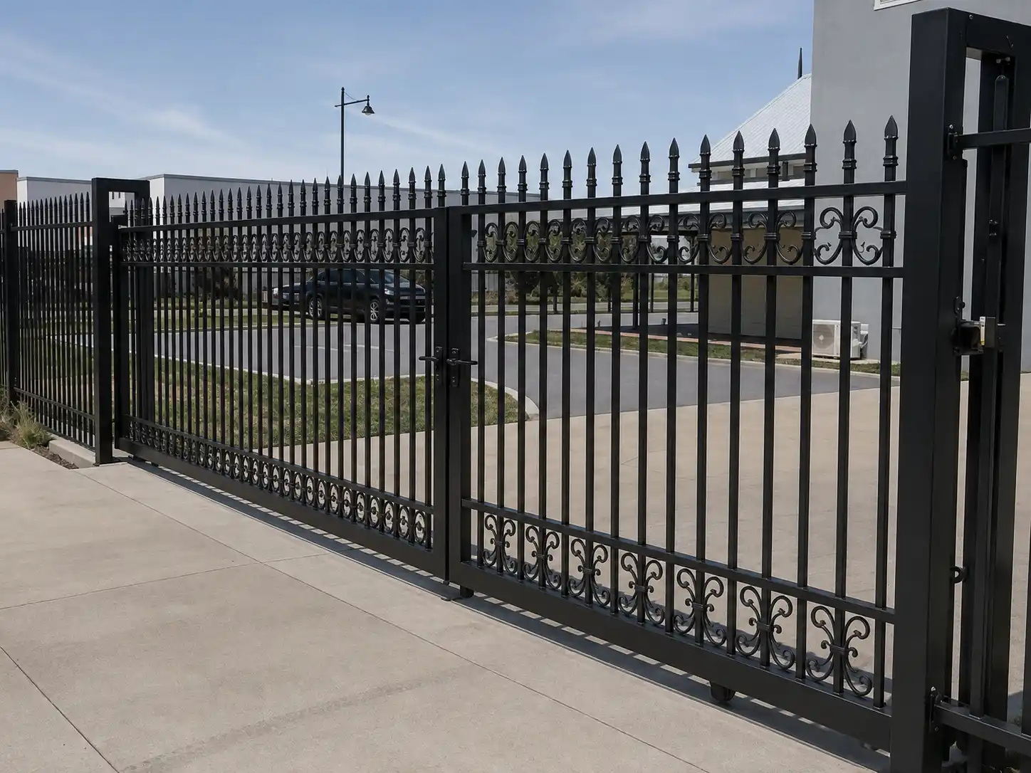 Black ornamental steel spear top driveway gate with scrollwork installed at a property entrance