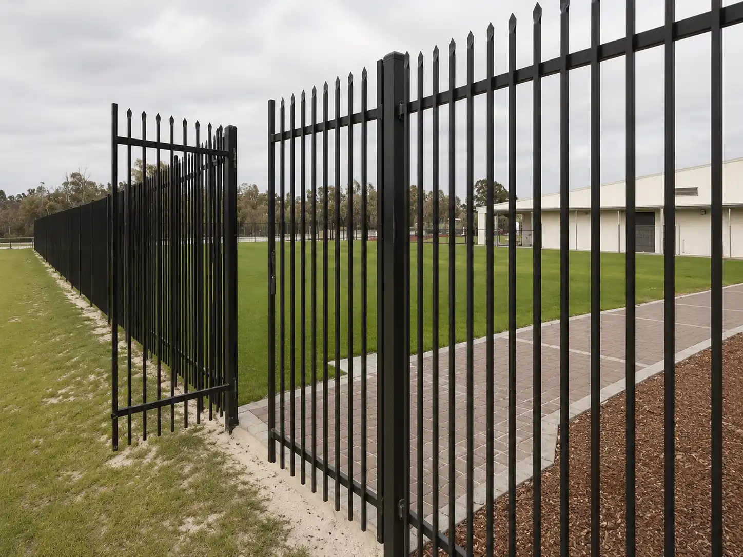 Open black steel spear top double gate matched with perimeter fence panels