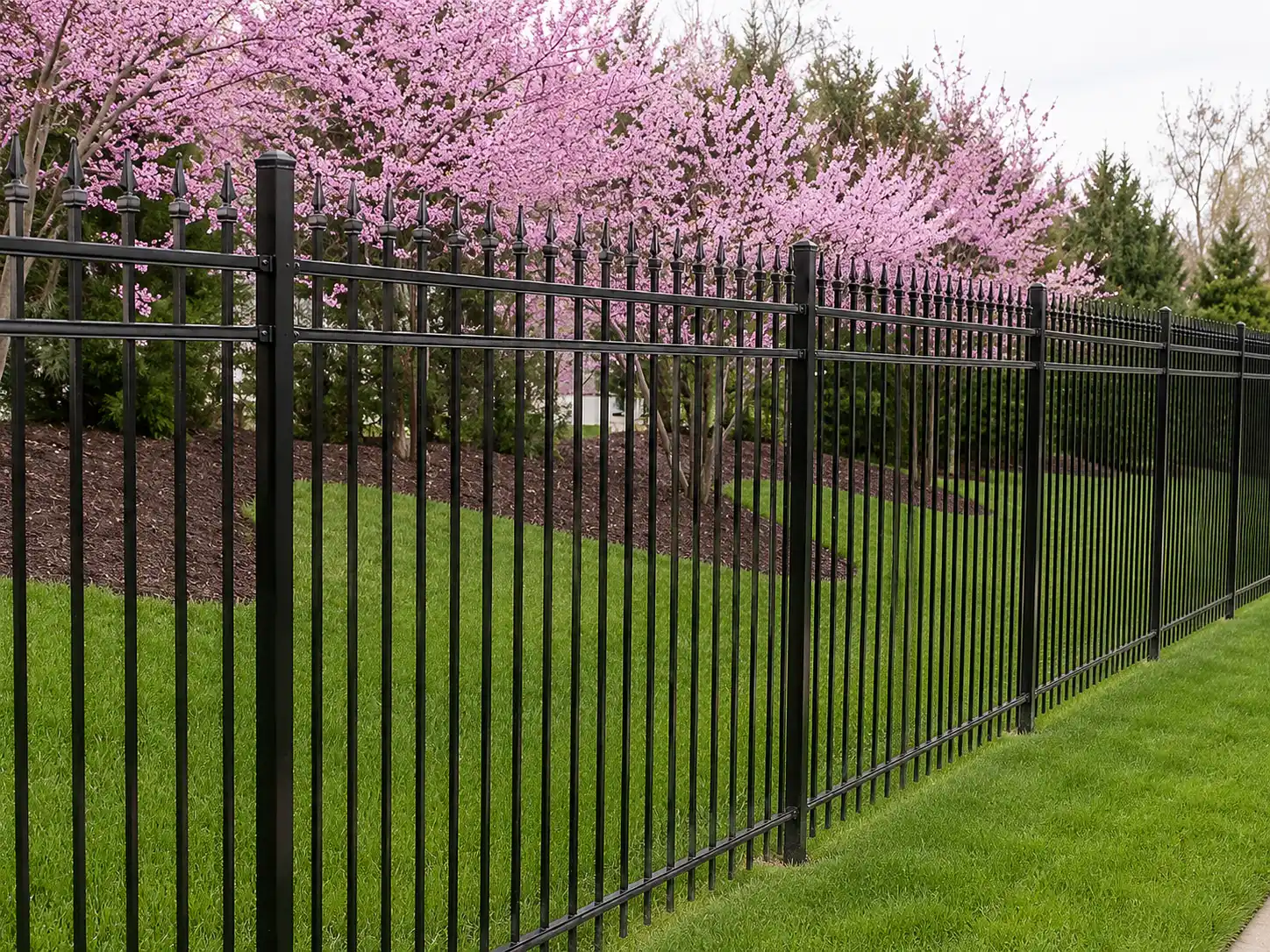 Black steel spear top fence installed beside a green lawn and flowering trees