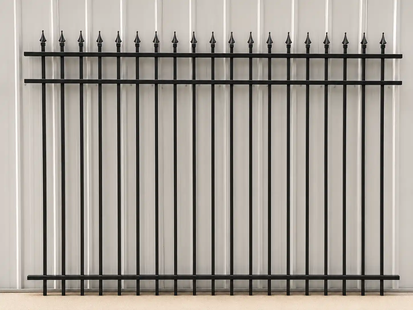 Black steel spear top fence panel with square pickets, spear points and three horizontal rails