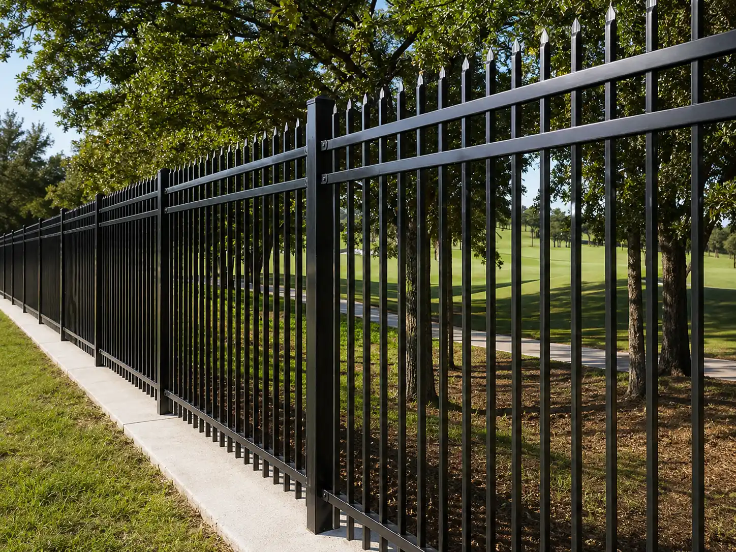Black steel spear top fence with three horizontal rails installed along a tree-lined boundary