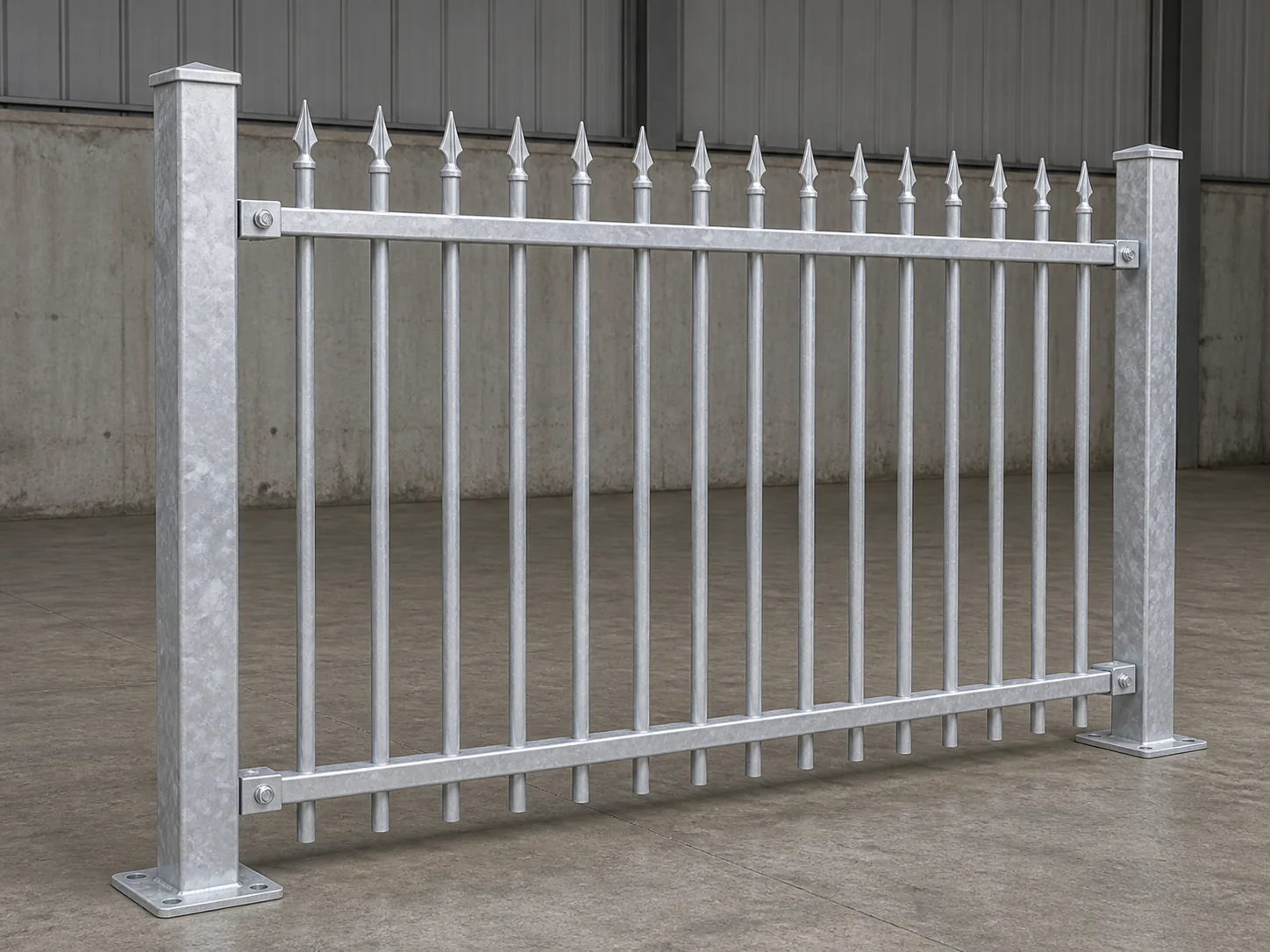 Galvanized spear top steel fence panel before black powder coating
