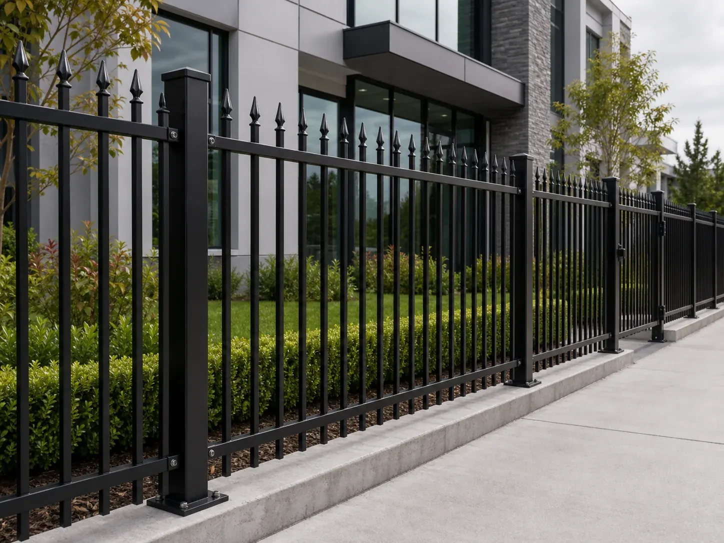 Steel spear top fence installed for commercial frontage and site boundary