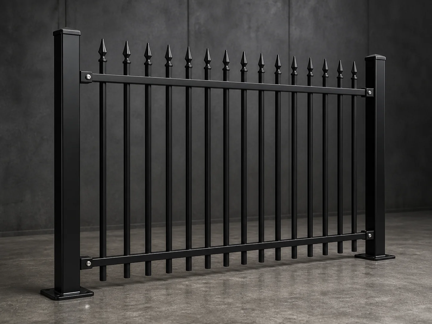 Black spear top steel fence panels with vertical pickets and square posts