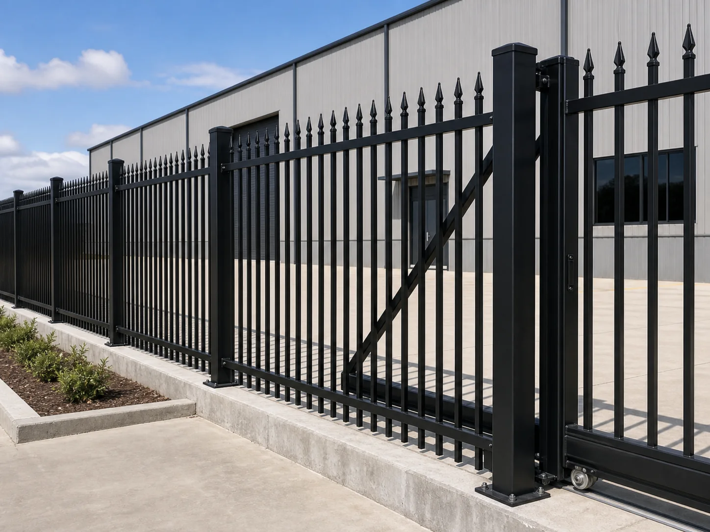 Spear top steel fence installed for factory and warehouse perimeter control