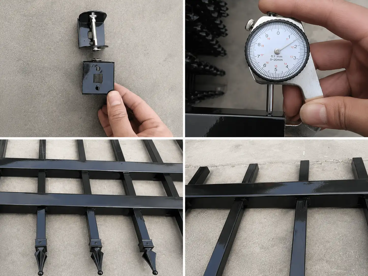 Steel spear top fence component inspection collage showing brackets, coating thickness measurement, rails and spear pickets