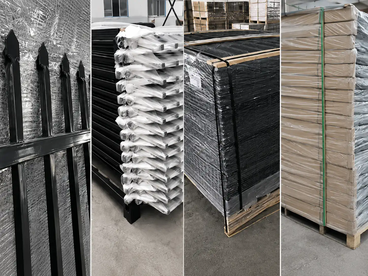 Steel spear top fence panels, posts and hardware packed with foam, plastic wrap, straps and cartons on pallets