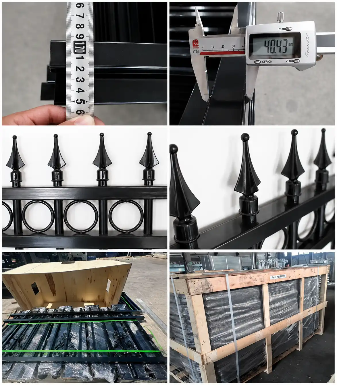 Steel spear top fence inspection collage showing dimension checks, ornamental spear details and wooden crate packing